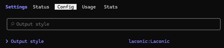 The Claude Code config screen filtered to Output style, set to laconic:Laconic