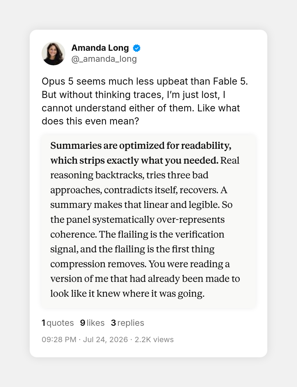 Tweet by @_amanda_long saying she cannot understand the model without thinking traces, quoting a dense passage about summaries stripping the verification signal