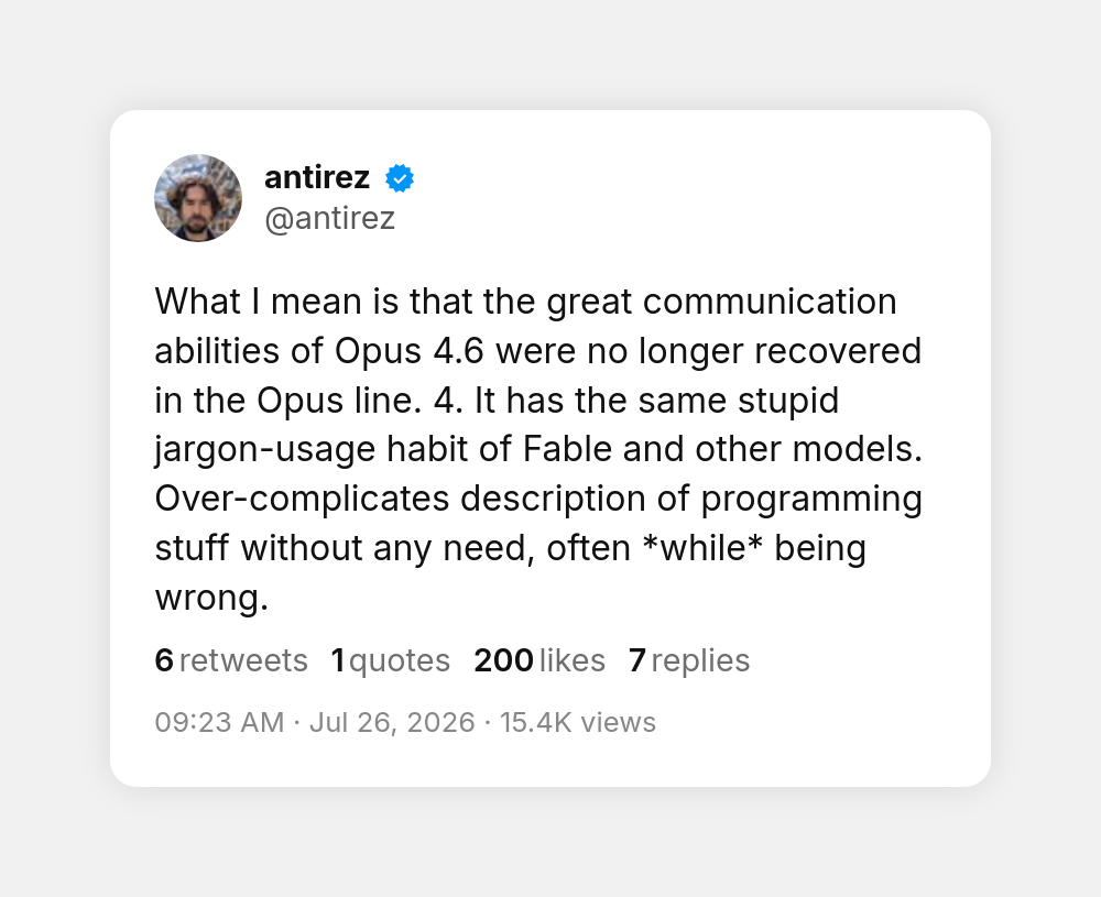 Tweet by @antirez about the jargon-usage habit that over-complicates descriptions of programming work