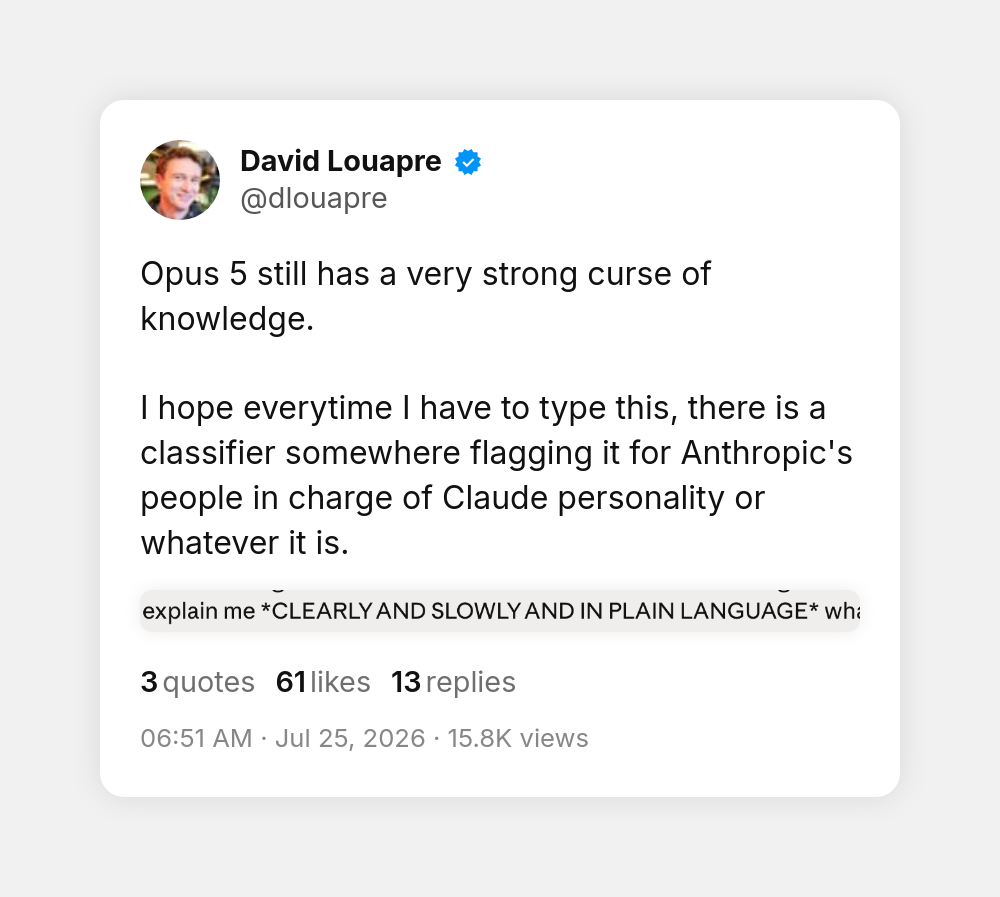 Tweet by @dlouapre about the curse of knowledge, showing a prompt asking the model to explain clearly and slowly in plain language