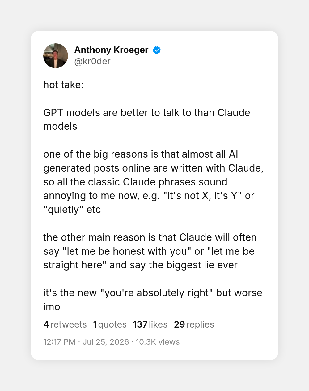 Tweet by @kr0der listing the classic Claude phrases that grate, such as it's not X it's Y