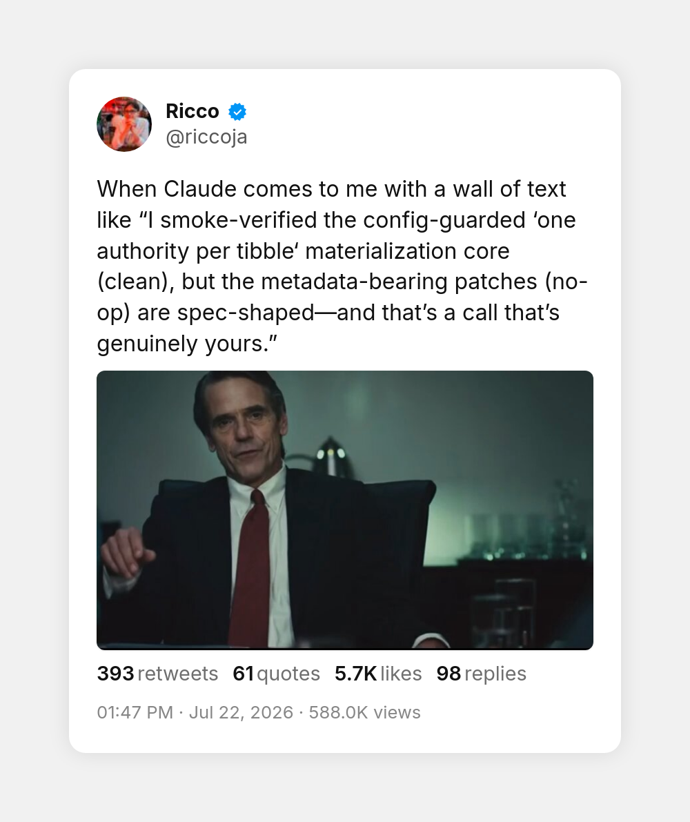 Tweet by @riccoja quoting a wall of text from Claude full of invented terms