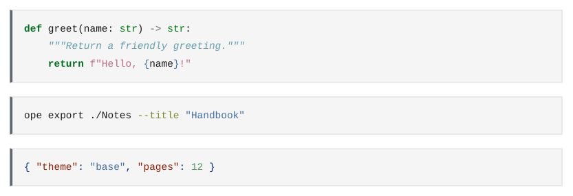 Highlighted Python, Bash and JSON code blocks