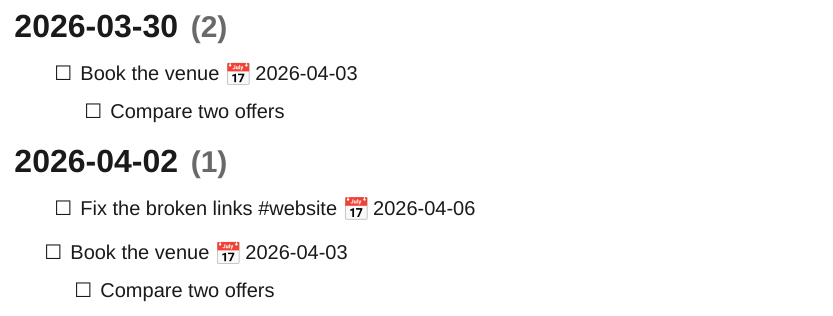 Open tasks of the journal grouped by note, and tasks due before a date