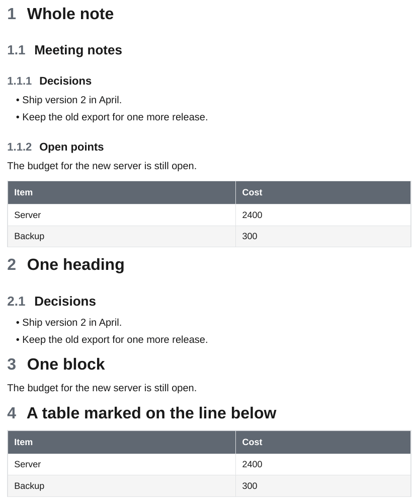 Embedded note, heading, block and table
