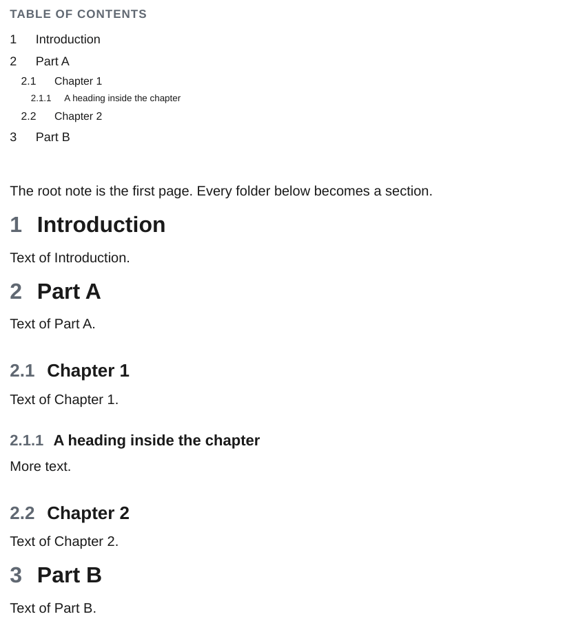Table of contents and numbered sections made from the folders
