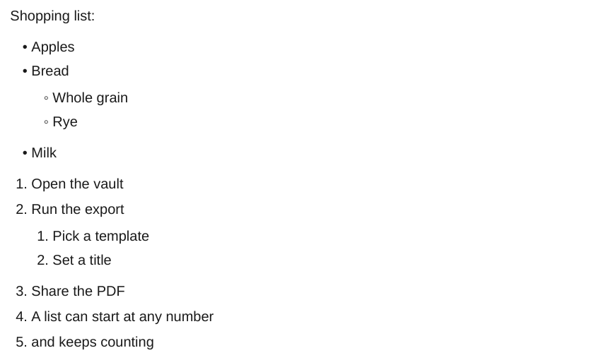 Bullet, numbered and nested lists