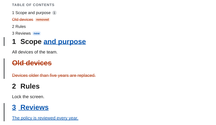 Table of contents and headings with a changed, a removed and an inserted heading