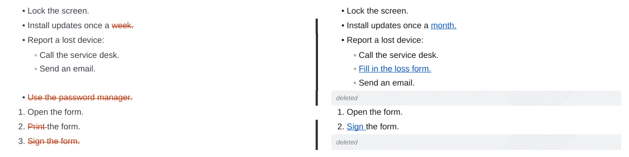 Changed, inserted, removed and moved items in a bullet list, a nested list and a numbered list, side by side