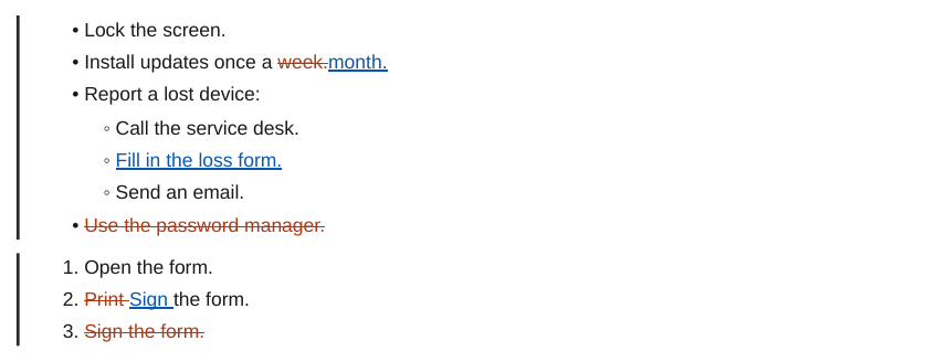 Changed, inserted, removed and moved items in a bullet list, a nested list and a numbered list