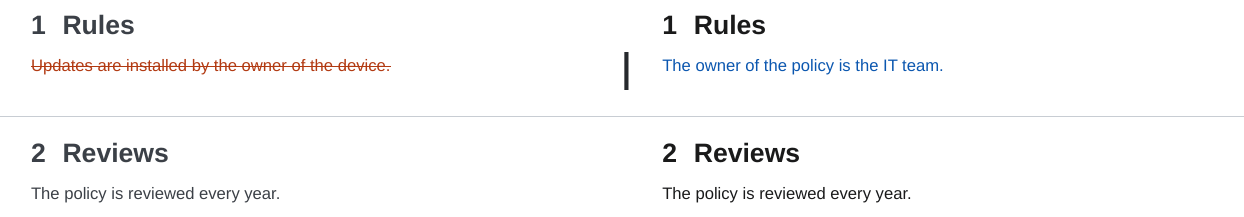A replaced paragraph shown as removed and inserted, side by side