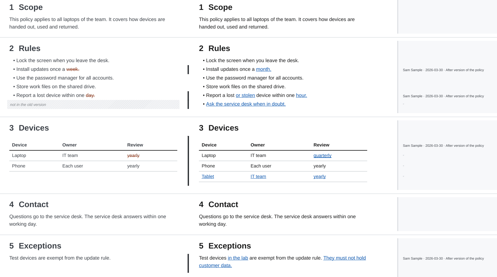 Side-by-side redline with the old and new version in two columns and a blame strip with author, date and commit message