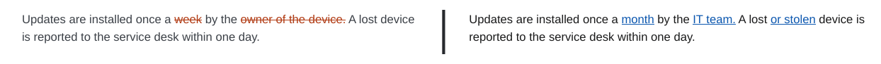 Word insertions, removals and replacements in one paragraph, side by side
